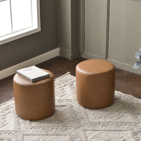 Elof Faux Leather Ottoman - Versatile Leather Footrest | Round Pouf Table | Kinwell Furniture | Timeless Modern Style